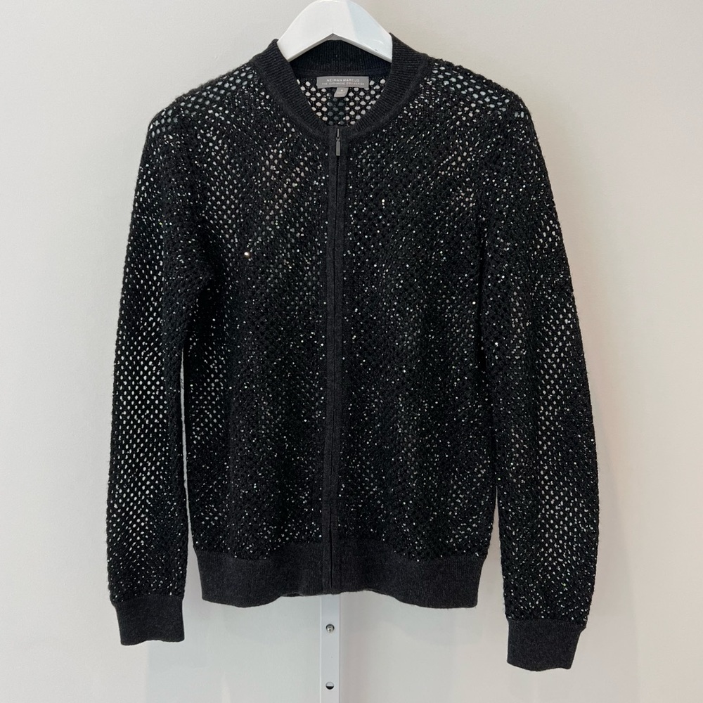 NEIMAN MARCUS CASHMERE COLLECTION CHARCOAL GRAY SEQUINS CARDIGAN SMALL NWOTS!